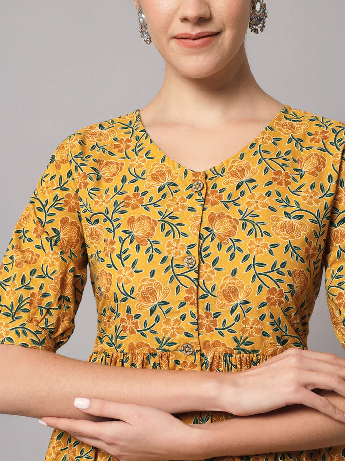 Pure Cotton Mustard Yellow Printed Short Kurti Top