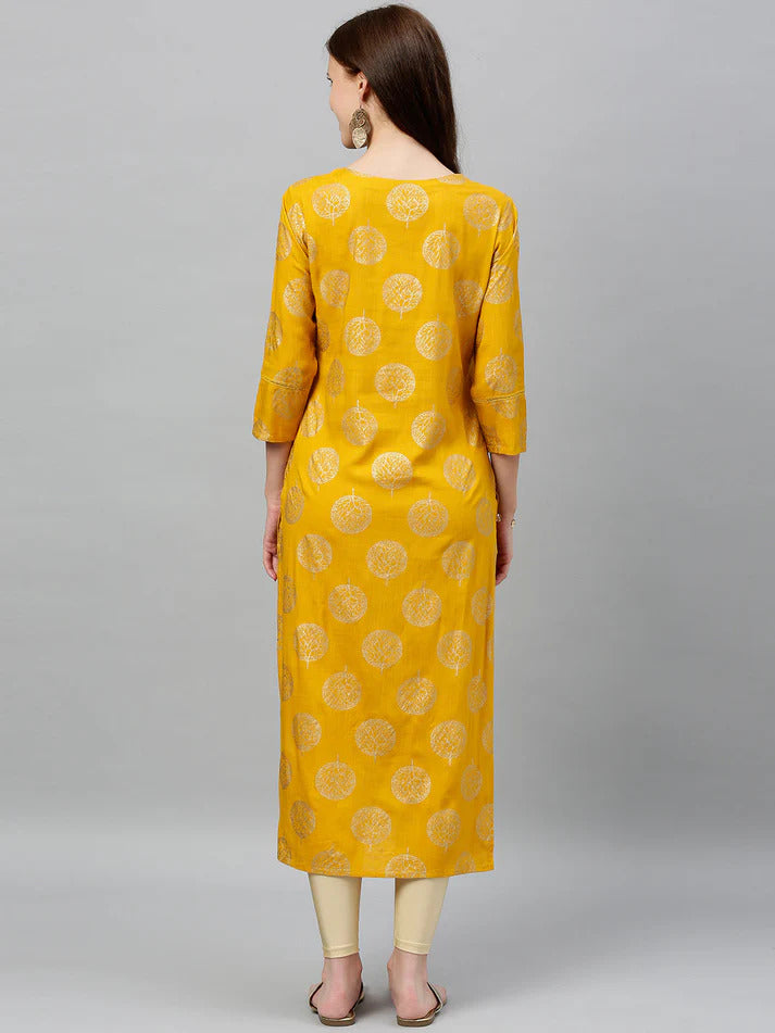 Yellow & Gold Rayon Floral Printed Kurti Top (Top Only)