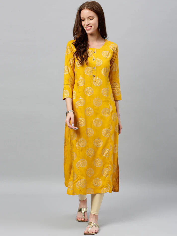 Yellow & Gold Rayon Floral Printed Kurti Top (Top Only)